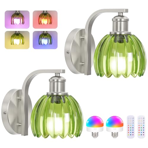 Image of Rechargeable Battery Operated Wall Sconce Set of Two with Green Glass Lampshade, Wireless Wall Scone Decor with Remote Control, 15 Colors Brushed Nickle Wall Light for Bedside Hallway Bedroom Doorway