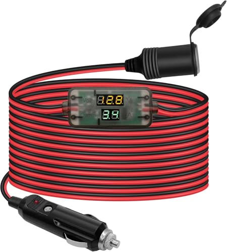 Hoembpn 4M Cable de Extensión Conector para Encendedor de Cigarrillos de Coche con LED Voltímetro y Amperímetro, 12V/24V Encendedor Enchufe Cable Alargador Mechero Coche para Barcos,Camiones,Moto