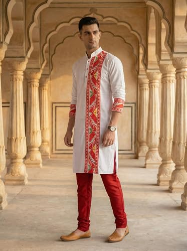 Image of Men's Jamdani Printed Kurta Pajama Set | Pure Cotton Ethnic Kurta with Mandarin Collar & Dupion Silk Pyjama | Festive & Weddings 303A12A 303SB12B(M XXL)