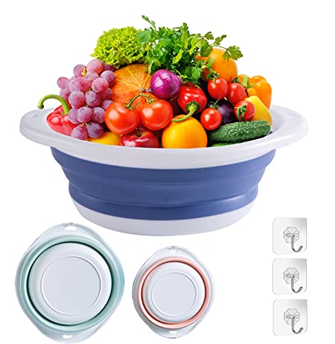 Paquet de 3 Pliable Vaisselle Bol Bassine Pliable Bassine Lavabo Pliable Rond en Silicone Multifonction pour Camping, Cuisine, faire de la pêche, Camping, Randonnée avec 3 crochets (vert bleu orange) Cover