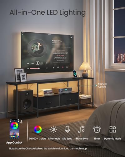 Image of SONGMICS BELLAH Collection - TV Stand with Power Outlets and Lights, Entertainment Center Media Console for TVs Up to 80 Inches, Living Room, Shelves, Drawers, Modern, Ink Black ULGS421B101S
