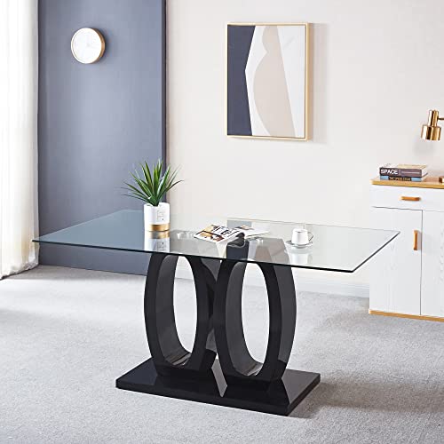 Henf 63" Contemporary Dining Table For 6, Tempered Glass Top Dining Room Table With High-Gloss Double Pedestal, Rectangle Dinner Table Kitchen Table Home Office Meeting Table (Black) #TOP6