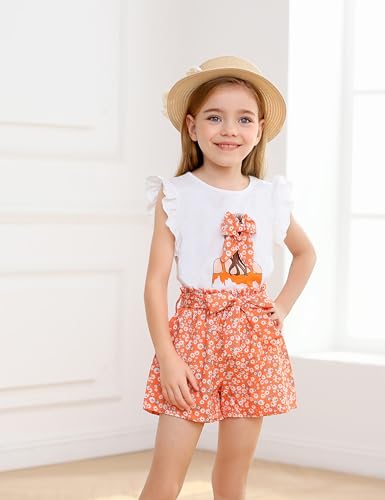 Image of Toddler Girl Clothes 2 Piece Girls Outfits Set Print Bow Top and Belted Ditsy Floral Shorts for Spring Summer