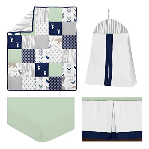 Image of Sweet Jojo Designs Navy Blue, Mint and Grey Woodsy Deer Boys Baby Bedding 4 Piece Crib Set