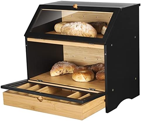 HOMEKOKO Large Bamboo Two-layer Bread Box With Drawer, Double Layers Large Bread Box for Kitchen Counter, Wooden Large Capacity Bamboo Bread Food Storage Bin (BLACK)