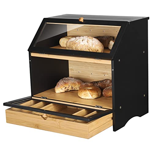 Homekoko Large Bamboo Two-Layer Bread Box With Drawer, Double Layers Large Bread Box For Kitchen Counter, Wooden Large Capacity Bamboo Bread Food Storage Bin (Black) #TOP1