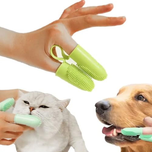 Image of DENTIMICA Double-Handed Fingertip Dog Toothbrush Oral Cleaning Puppy Toothbrush TPR Flexible and Durable Pets Finger Teeth Brushes 2pcs(Blue+Green)