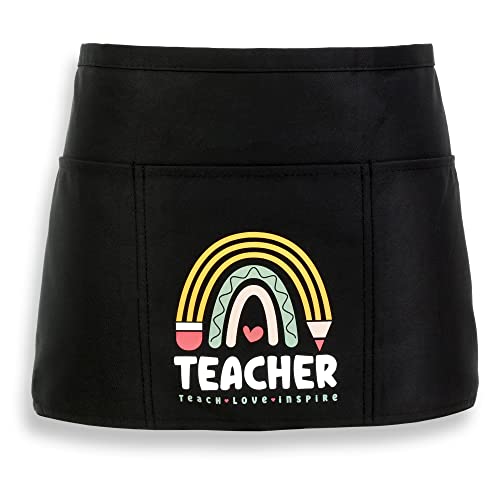 Plum Hill Teacher Apron with 3 Pockets - Teach Love Inspire Rainbow, School Apron for Teachers, Waist Apron - Classroom Lunchroom Daycare Library Homeschool