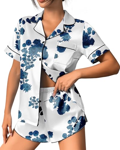 Image of Ekouaer Silk Satin Pajamas 2 Piece Silky Pjs Short Sets Sleepwear Button Down Loungewear for Women White Floral Medium
