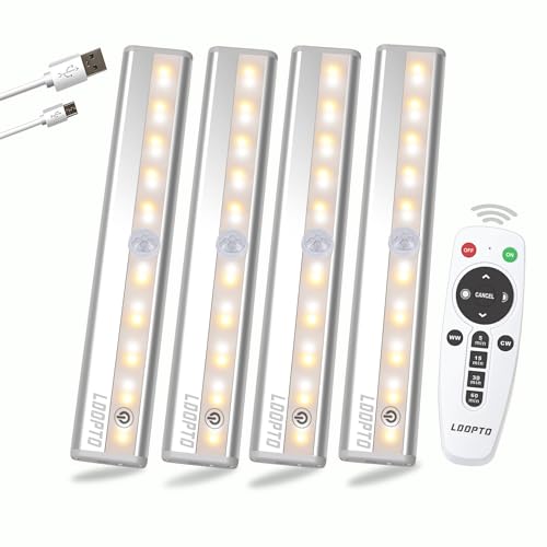 Image of LDOPTO Under Cabinet Lights Wireless 4 Pack, Rechargeable Battery Operated Lights with Remote, Dimmable Led Closet Lights, Under Counter Lights Stick-on Touch Night Light for Kitchen, 3 Colors