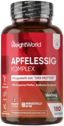 WeightWorld Apfelessig Komplex - 1860mg pro Portion - Aus Muttersaft | 2 Mrd. KBE Bakterienstämme, 180 Kapseln, 2 Monate, Apple Cider, Kurkuma, Ingwer, Cayennepfeffer, Lactobacillu