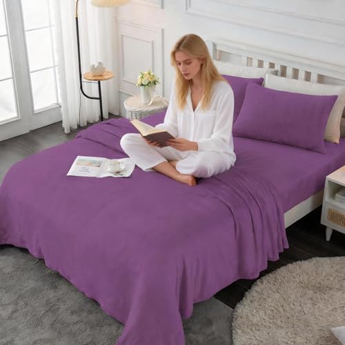 Image of Viviland Plush Microfleece King Bed Sheet Set, Purple | Soft Flannel-like Fleece, 100% Polyester, Fluffy Velvety Feel, 200GSM, 15 inch Deep Pocket, Warm Winter Gift & Decor