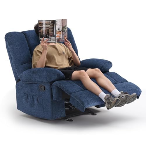 Image of Oversized Rocker Recliner Chair, Wide Rocker Chair with Adjustable Backrest Footrest, Lazy Boy Oversized Recliner for Adults, Reclining Sofa for Living Room, Reading, Bedroom, Blue