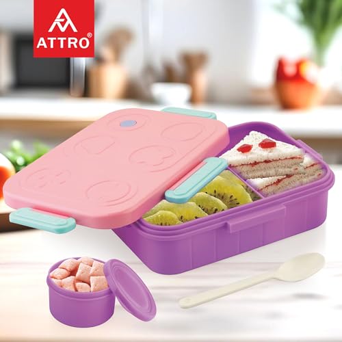 Image of ATTRO TicTac Plastic Lunch Box - 3 Compartment Bento Tiffin, Leak-Proof & Durable, Ideal for Kids, School, Picnic- 1200ml+80ml, Pink Purple