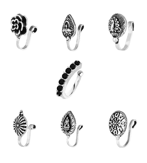 Oxidized jewellery silver nose pin stud Non piercing Clip on Oxidised Black Metal nose ring for Girls & Ladies-image-27