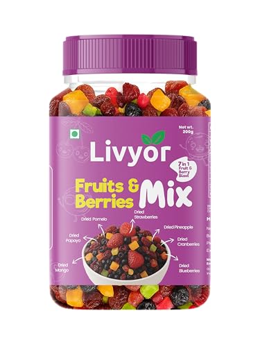Image of Livyor 7 in 1 Dried Fruits and Berry Mix for eating - 200 gm | Good Source of Fibre | Dried Cranberries | Pineapple | Pamelo | Papaya | Blueberries | Strawberries | Mango | Fruits & Berry Blast | Berries dry fruits | Berries fresh | Pack of 1