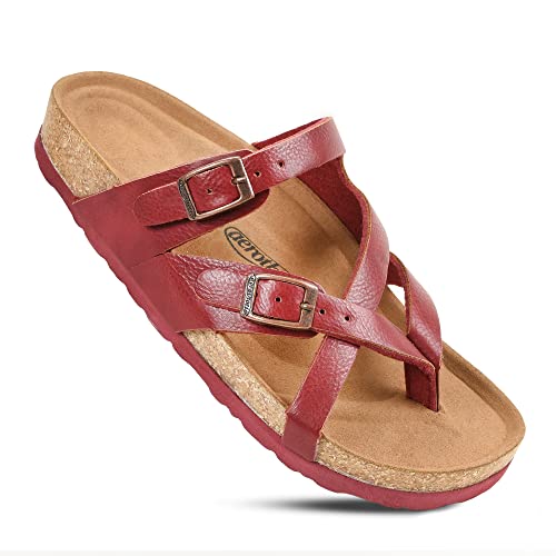 Image of AEROTHOTIC Recovery Slides for Women Comfortable Memory Foam Cork Footbed Cute Faux Leather Adjustable Buckle Straps Walking Travel Outdoor women sandals