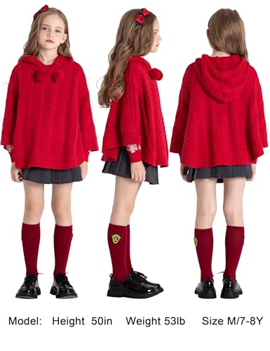 Image of BOBOYOYO Cape for Girls Hooded Cable Knit Poncho Sweaters Kids Shawl