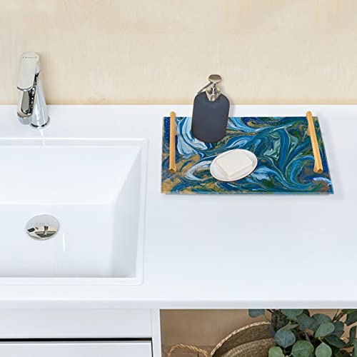 Blue Green Marble Decorative Tray For Bathroom Acrylic Perfume Organizer For Vanity Serving Tray With Copper-Color Metal Handles Coffee Table Tray For Coffee Tea Breakfast #TOP4