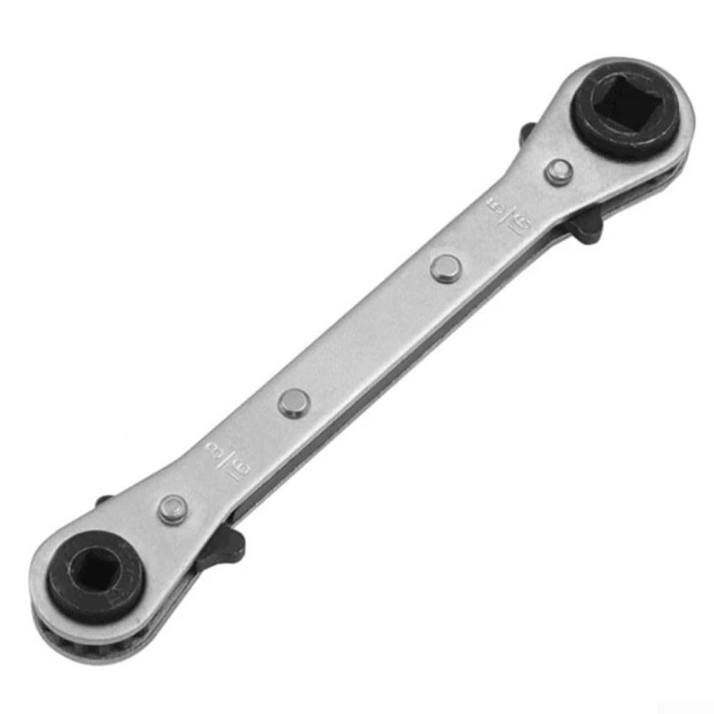 Chiave a cricchetto quadrata a doppia testa per apparecchiature di refrigerazione con aperture da /4" 3/8" 5/16" 3/16" in acciaio al carbonio cromato per HVAC e (bianco piatto)