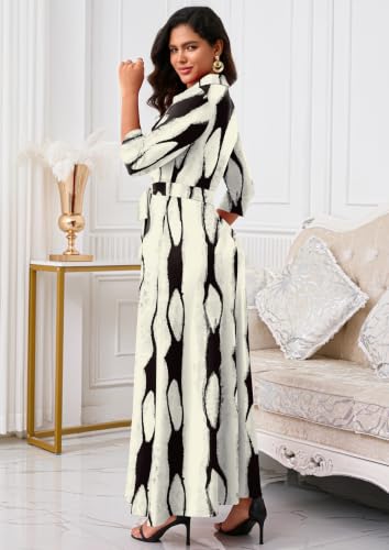 Image of Rumwind Maxi Dresses for Women, 3 /4 Sleeve Shirt Collar Casual Afircan Print Church Dress Button Down with Belt and Pockets