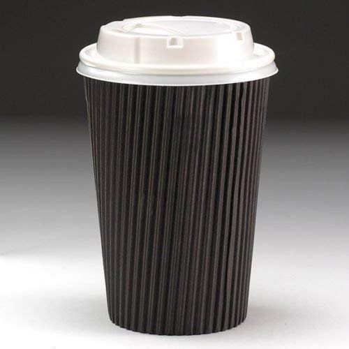We Can Source It Ltd - 500 x 8oz Black Ripple Disposable Hot Takeaway Coffee Cups with White Sip Through Lids