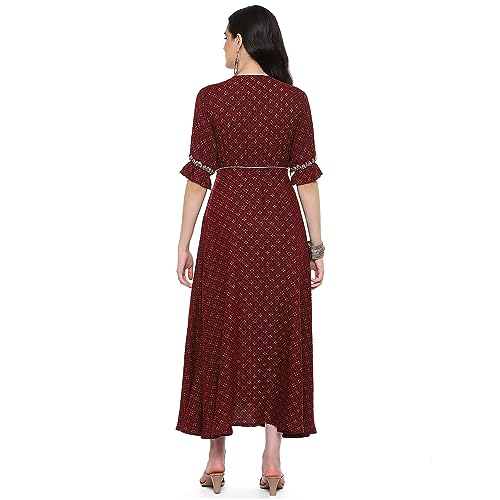 Image of Rangriti Maroon Cotton Blend Printed Dress for Women