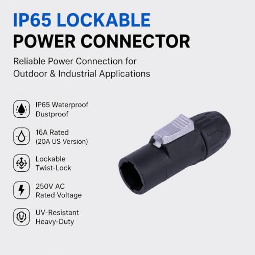 IP65 PowerCon True Outdoor Waterproof Power Connector 20A 250V Black Heavy Duty Reliable Electrical Connection for DJ Equipment Stage Lighting Sound Systems (SAC3MX_4PCS_Black) - Image 2