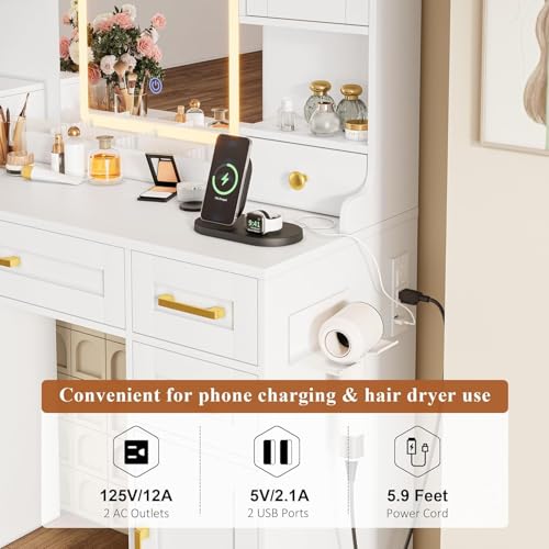 YBXGO White Makeup Vanity Table with LED Lighted Mirror, 3 Light Modes, Power Outlet, 6 Drawers & 4 Storage Cabinets, Modern Dressing Desk for Bedroom 043 White by YBXGO - Image 4