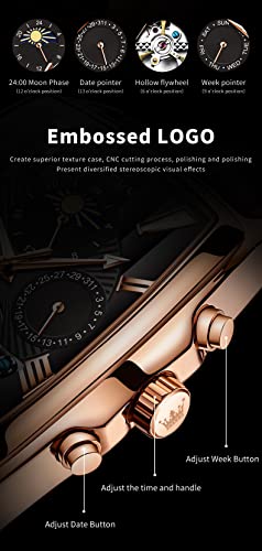 Image of OLEVS Mechanical Dress Mens Watches Square Brown Leather Strap Moon Phase Skeleton Tourbillion Day Date Waterproof Luminous Men's Wrist Watches