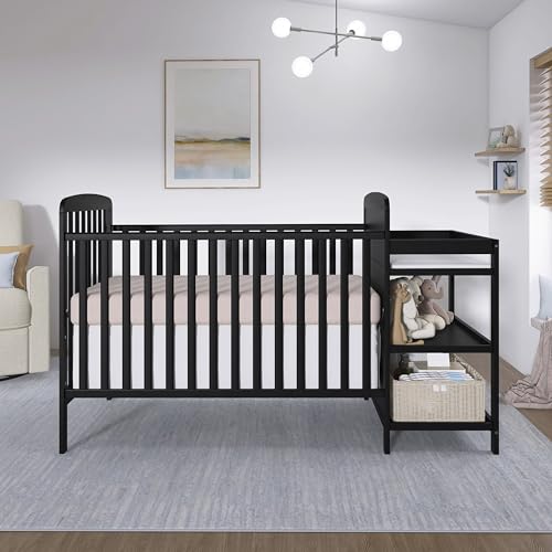 Image of Dream On Me Anna 3-in-1 Convertible Full-Size Baby Crib & Changer with Storage in Black, GreenGuard Gold & BSA, Pinewood, Converts to Day & Toddler Bed, 3 Mattress Heights, 1″ Changing Pad