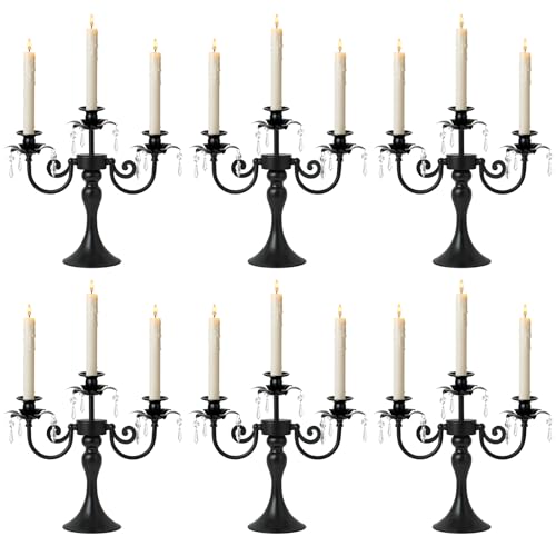 KEHAIL Metal 3 Arm Candelabra with Crystal Pendants - 11.8 Inch Tall Candle Holders Set of 6 - Elegant Taper Candlestick Stand for Wedding Dining Table Christmas Party Home Decoration (Black)