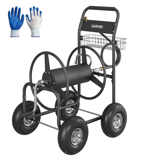 Garvee Garden Hose Reel Cart with Wheels, Hold Up to 300 ft of 5/8’’ Hose, Heavy Duty Water Hose Reel with Storage Basket, 4 Large Pneumatic Tires, Mobile Outdoor Hose Storage for Garden, Yard