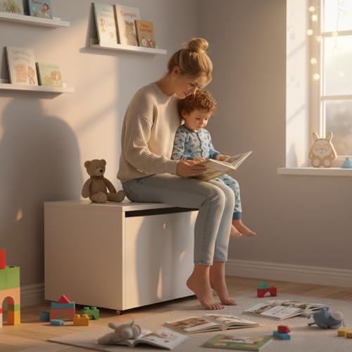 Leomark große Holzspielzeugkiste auf Rädern, Sitzbank mit Stauraum, Spielzeugkiste mit Deckel, Kinderbank – Truhenbank für Kinder, weiße Aufbewahrungsbox 91L, Maße: 71cm x40,5cm x45cm - 3