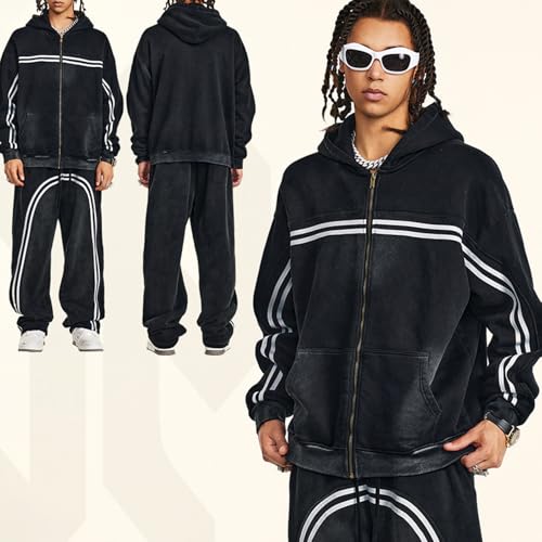Mens Zip Up Hoodie Oversized Acid Wash Heavyweight Fleece Cotton Contrasting Stripe Zipper Hoodie Vintage3