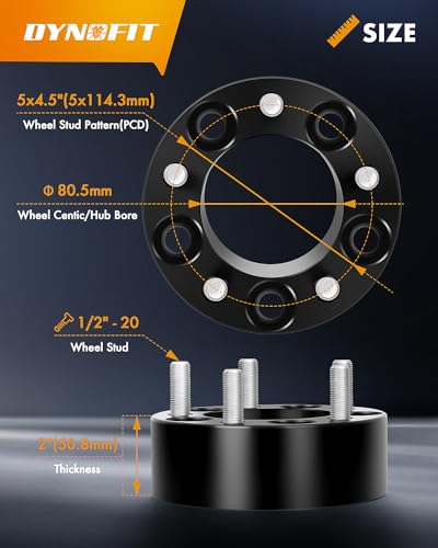 Image of Dynofit 2 inch 5x4.5 Wheel Spacers for XJ KJ KK TJ ZJ, 80.5mm Hub Bore, 1 /2 inch-20 Thread Pitch 5x114.3 Forged Spacer for Mustang Explorer Ranger Cherokee Wrangler Liberty Grand Cherokee