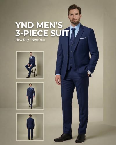 Image of YND Men's 3 Piece Suit with Tie, Solid Color Slim Fit Jacket Vest and Pants