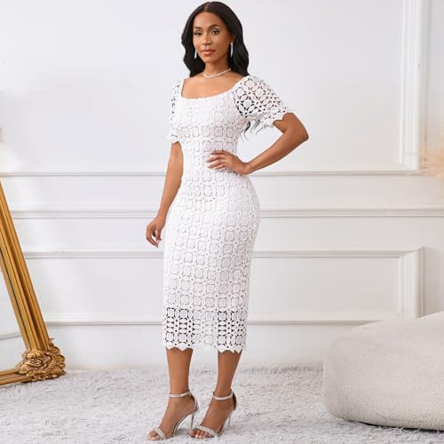 Image of Cololura Elegant Sexy Floral Lace Short Sleeve Off Shoulder Evening Gown Party Formal Bodycon Midi Dress