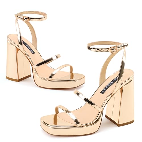 Image of MIRAAZZURRA Platform Strappy Heel Sandals Square Open Toe Two Strap Chunky High Heeled Sandals with Buckle Ankle Strap for Women Party Wedding Dress