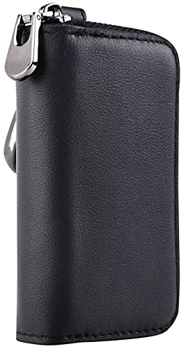 Car Keychain Holder Black Genuine Leather Car Smart Key Chain Holder Metal Hook Keyring Wallet Zipper Bag for Vehicle Keyless Entry For Men s Women s Car Key Case Remote Key Fob