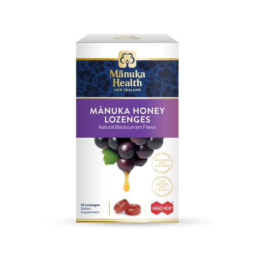 Manuka Health Manuka Honey Lozenges – 15 Blackcurrant Flavored Lozenges – Natural Throat Lozenges Infused with Raw Manuka Honey and Vitamin C for Immune Support