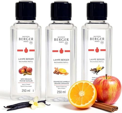 MAISON BERGER Lamp Refill Trio Warm 3 x 250 ml Home Fragrance Refills for Lampe Berger Catalytic Lamps Vanilla Gourmet New Orleans & Orange Cinnamon Helps Purify Then Fragrance the Air