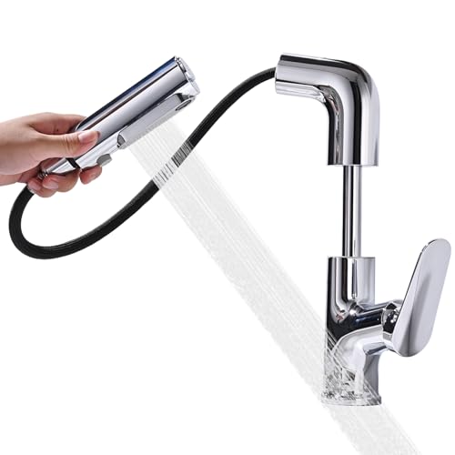 Rubinetto Lavabo con Lancia Estraibile, BuntHaus Rubinetto Lavabo Regolabile in Altezza, Miscelatore Bagno Girevole 360° con 3 Getto, Rubinetteria in Acciaio Inossidabile Cromato Lucido