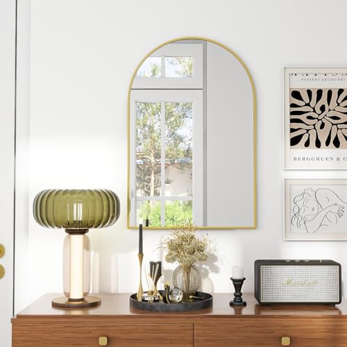 Image of VooBang Arched Wall Mirror, 16 x 24 inch Arch Bathroom Mirror, Wall Mounted Vanity Mirror with Arch Metal Frame, Modern Bathroom Vanity Mirror for Bedroom, Living Room, Hanging or Leaning, Gold