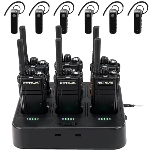 Retevis RB37 Bluetooth Walkie Talkies,Bluetooth Two Way Radio Earpiece,Flashlight,2000 mAh&120h Standby,Multiple Protection 6 Way Charger,Type-C,9-Level VOX&Squelch,for Security Hospital Retail(6Pack)