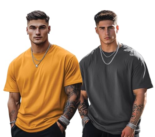 Image of Veirdo Solid Oversized 100% Pure Cotton Combo T-Shirt for Men & Boys (Half Sleeves, Round Neck, Drop Shoulder, Baggy Fit, Pack of 2, Available in S to 2XL