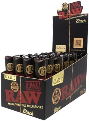 Raw Classic Cone Black - 1 1/4 - Popup Display 32 Packs - 6 Cones Per Pack - Total 192 Cones.