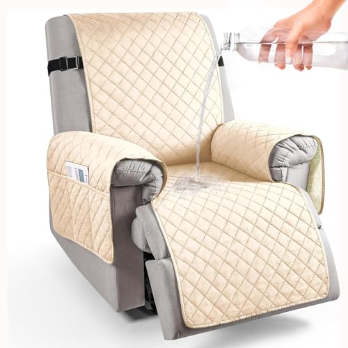 Image of HOKIPO 100% Waterproof Quilted 1 Seater Recliner Chair Slipcovers with Side Pockets, Cream (NEW-4971-CRM)