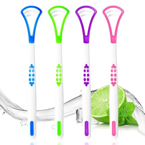Tongue Cleaner 4 Pack Reusable Tongue Scrapers for Adults, Tongue Brush with Flexible Design Silicone Tongue Coating Brush for Mouth Cleaning