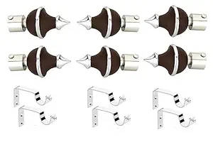WSK Stainless Steel & ABS Curtain Bracket Parda Holder with Support 1 Inch Rod Pocket Finials Designer Door and Window Rod Support Fittings, Curtain Rod Holder 6 PCS (Pair of 3, Brown)